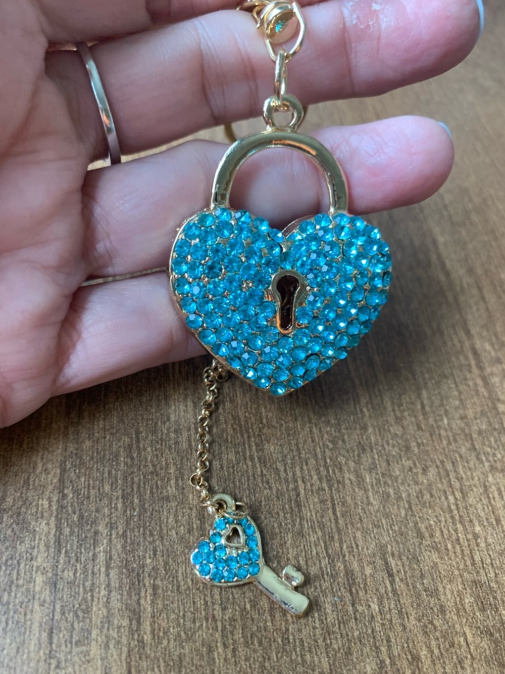Gold-Tone Heart Lock Keychain with Turquoise Crystal Accents